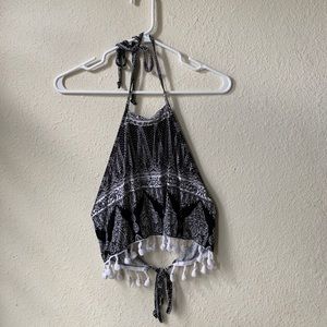 Black and White Halter Top Tie Back Crop Top